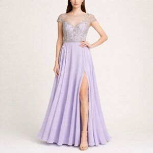 Mac Duggal 66785F Beaded Bateau Chiffon A-line Long Dress Gown Lilac Sz 18W New